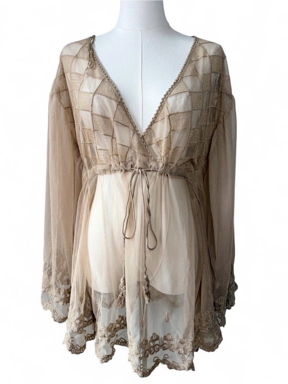 Boho Me Taupe Sheer Mesh Embroidered Oversized Flowy Cape Sleeve Tunic Blouse